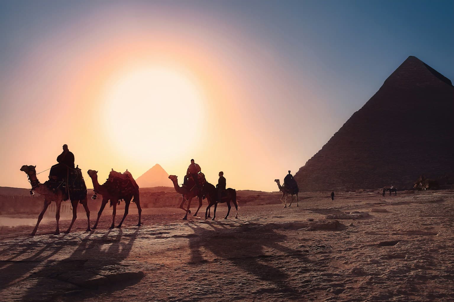 Pyramids at sunset with camels